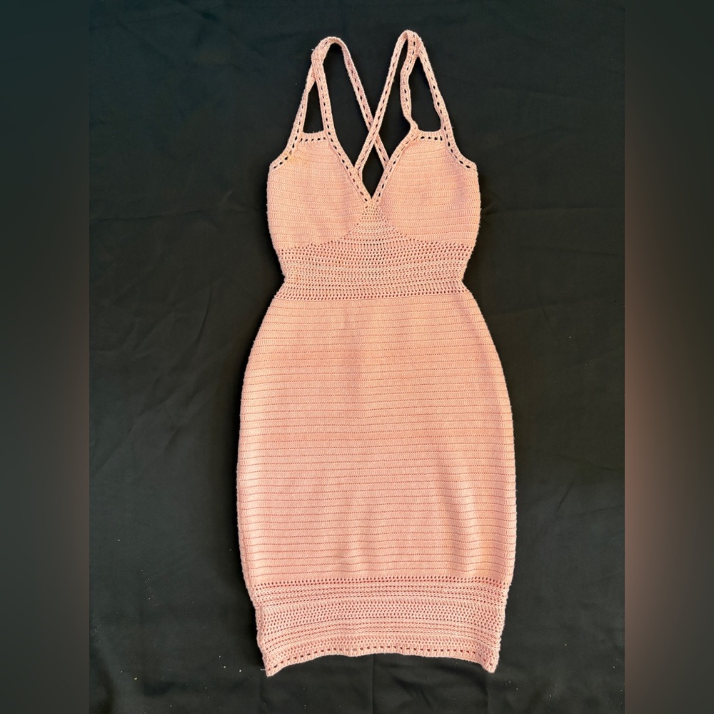 Torn by Ronny Kobo Knit Soft Pink Ribbed Bodycon Halter Dress